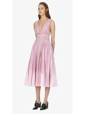 Self-Portrait Pink Pleated Lace Midi Dress UK 6 US 2 Cutout Sleeveless Romantic